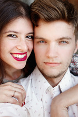 happy stylish couple taking selfie and smiling at old european c