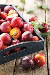 Fresh plums on a grey wooden table
