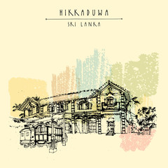 Old historic building and trucks in Hikkaduwa, Sri Lanka, Asia. Travel sketch. Hand-drawn vintage book or calendar illustration, touristic postcard or poster