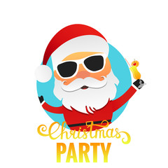 Christmas Party. Santa Claus cartoon character with cocktail and sunglasses. Merry Christmas illustration