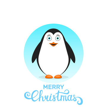 Merry Christmas. Penguin cartoon character and modern lettering Merry Christmas
