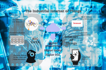 Industry 4.0 concept image. Double exposure of the industrial internet of things process diagram on industrial instruments in the factory. Blue tone