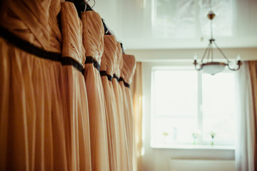 Rich white bridesmaids' dresses hang on the wardrobe behind a wi
