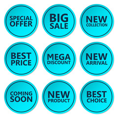 Sale discount sticker set. Commercial collection of blue offer labels. Different commercial inscriptions in circle badges. Vector isolated illustration.