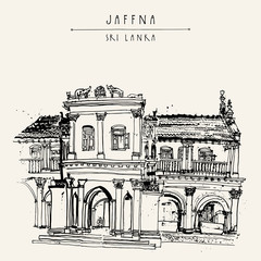 Beautiful old historic building in Jaffna, Sri Lanka, Asia. Travel sketch. Hand-drawn vintage book or calendar illustration, touristic postcard or poster