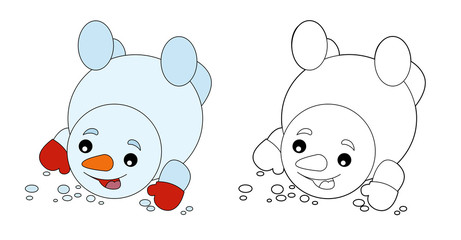 Happy cartoon snowmen - falling - isolated - with coloring page - illustration for children