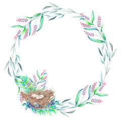 Circle frame, wreath with watercolor green branches, blueberries and bird nest, hand drawn on a white background, a greeting card, a decoration postcard or wedding invitation
