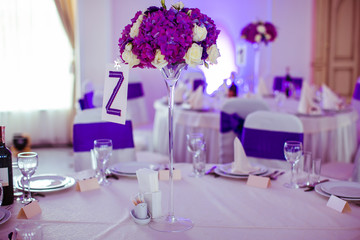 Thin crystal vase with violet bouquet on the top stands in the m