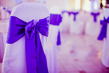 Rich violet bow decorates a white chair