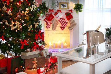 Christmas decoration of fireplace in living room
