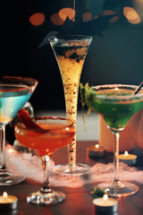 Close up view of colorful cocktails for Halloween party