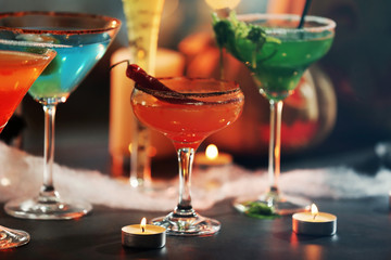 Close up view of colorful cocktails for Halloween party