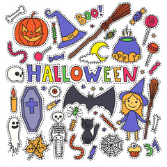 Sketchy colorful fun vector hand drawn doodle cartoon set of objects and symbols on the Halloween theme. Halloween doodle patch badges, stickers.