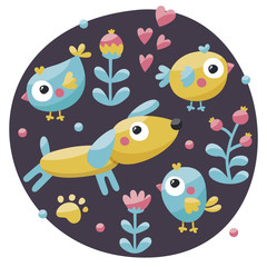 Obraz premium Animal set made with dog, birds, flowers, paw, trace, plants, berries, nature