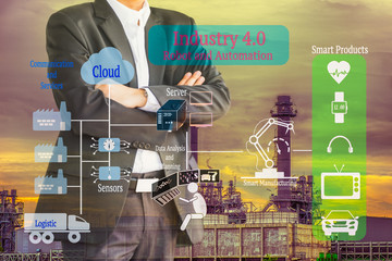 Industry 4.0 and Smart manufacturing concept. Industrial 4.0 process diagram on double exposure of business man and industrial factory, infrastructure background.