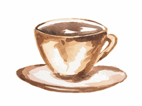 Isolated watercolor coffee cup. Vintage retro coffee cup on white background.