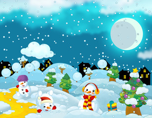 Happy cartoon snow scene with happy snowmen having fun - illustration for children
