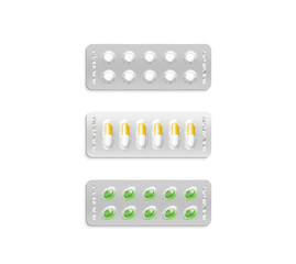 Blister pack set with white and coloured pills mockup, clipping path, 3d illustration. Medicine cachet design mock up isolated. Pharma pilules covered color membrane in plastic pillbox template.