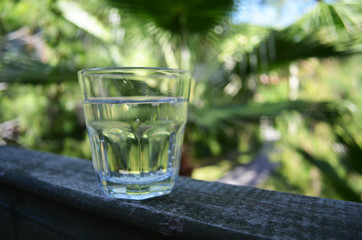 Ice cold water cup on the exotic background