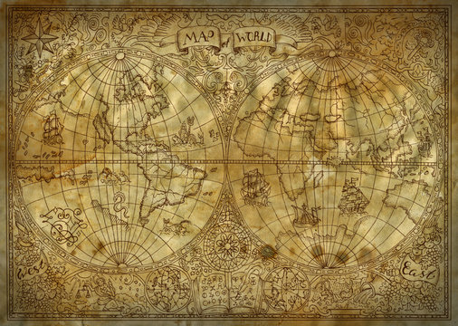 Vintage illustration of old atlas map of world on ancient paper background