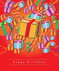 happy birthday greeting card with many gift boxes