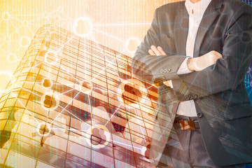Smart Building and Internet of Things concept. Double exposure of Business man, office building and abstracy digital connection background.