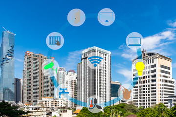 Smart Building and Internet of Things concept. Smart building management icons on Building in the city background.