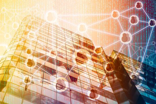 Smart Building and Internet of Things concept. Double exposure of office building and abstracy digital connection background.