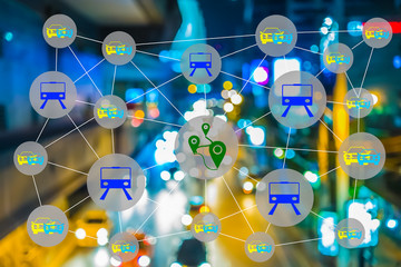 Smart transportation concept. Sharing economy and collaborative consumption. Car , train and GPS icons connected together against abstract city street light background.