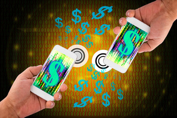 Fintech concept image. Two smartphones with dollar sign on screen against abstract digital binary code background. Representing Transfer money by coded money or digital money.
