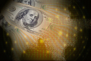 Fintech and Coded money concept image.  Double exposured of abstract US dollar bank note and...