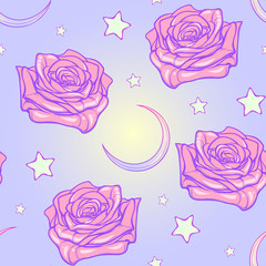 Kawaii Roses stars and moon crescent. Festive seamless pattern. Pastel goth palette. Cute girly gothic style art. EPS10 vector illustration