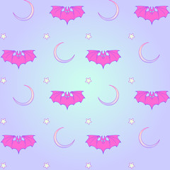 Kawaii Bats stars and moon crescent. Festive seamless pattern. Pastel goth palette. Cute girly gothic style art. EPS10 vector illustration