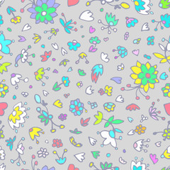 Vector floral pattern in doodle style with flowers, leaves, hearts. Cute, funny, floral vector background.