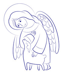 Kind Angel with lamb, hand drawing, stencil, Christmas illustration, vector