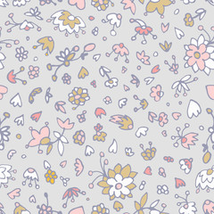 Vector floral pattern in doodle style with flowers, leaves, hearts. Cute, funny, floral vector background.