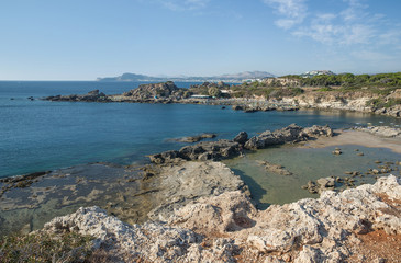 Fototapeta na wymiar Nikolas beach between Faliraki and Calithea Springs, on the northwestern coast of the Rhodes Island, Greece. 