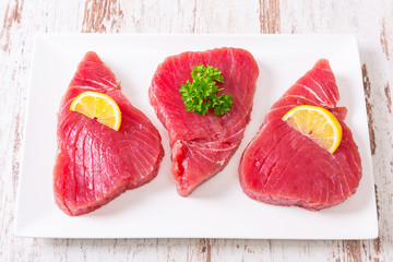 Fresh tuna steaks on the plate
