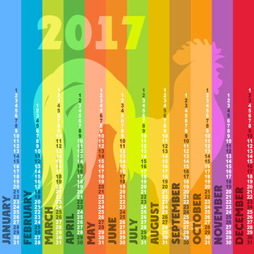 Colored striped calendar 2017 with a silhouette of a rooster. Chinese symbol of New Year.