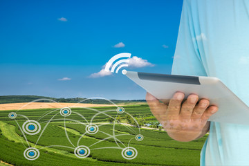 Smart Agriculture and Internet of things in agriculture concept. Farmer using digital tablet to monitor conditions from wireless sensor network in agricultural field.