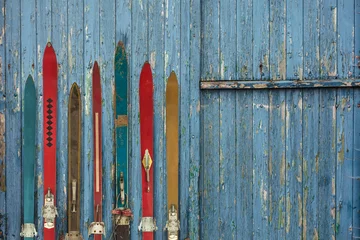 Acrylic prints Winter sports Collection of vintage wooden weathered ski's