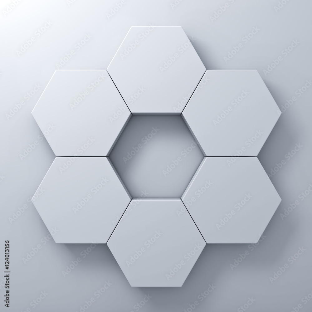 Poster Blank hexagon signboards on white wall background abstract with shadow 3D rendering