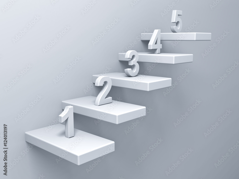 Poster Abstract stairs or steps concept on white wall background with number one to five 3D rendering