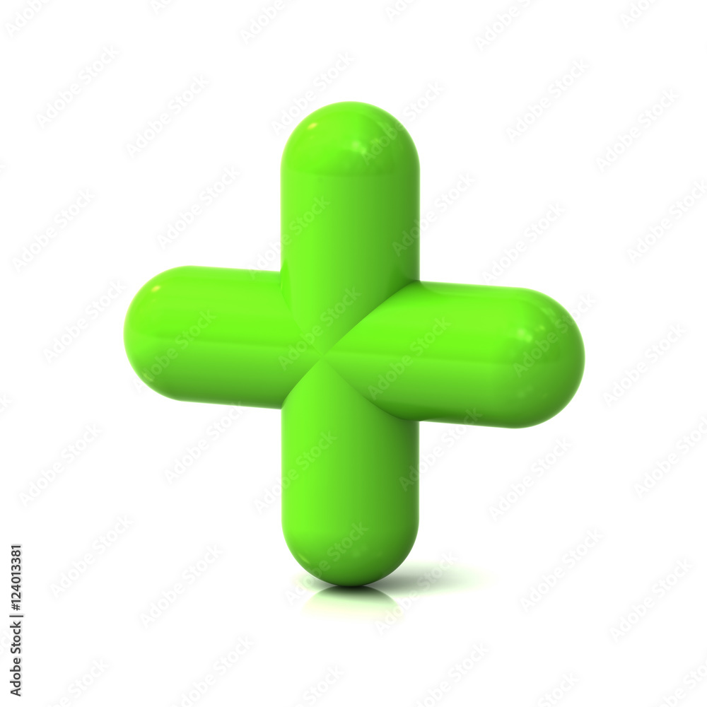 Poster green plus sign isolated on white background with reflection 3d rendering