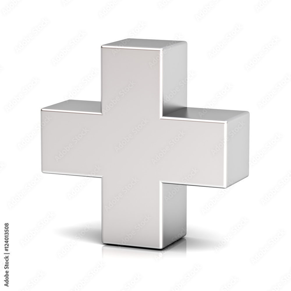 Poster Metal plus sign isolated on white background with reflection 3D rendering