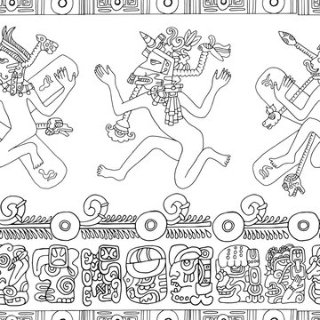 Seamless background with Mayan people and indian mystic symbols
