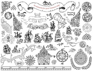 Set with hand drawn elements for treasure hunt and pirate map on white © samiramay