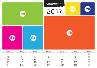 Vector calendar September, 2017 with image frames, A3 size - Change the image frames with your photos.
