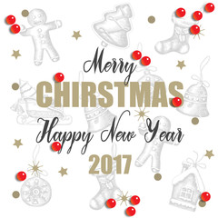 Fototapeta na wymiar Vector poster with Merry Christmas and Happy New Year on the background of Christmas symbols and golden tinsel. 
