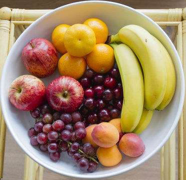 Bowl of fruit photographed from above